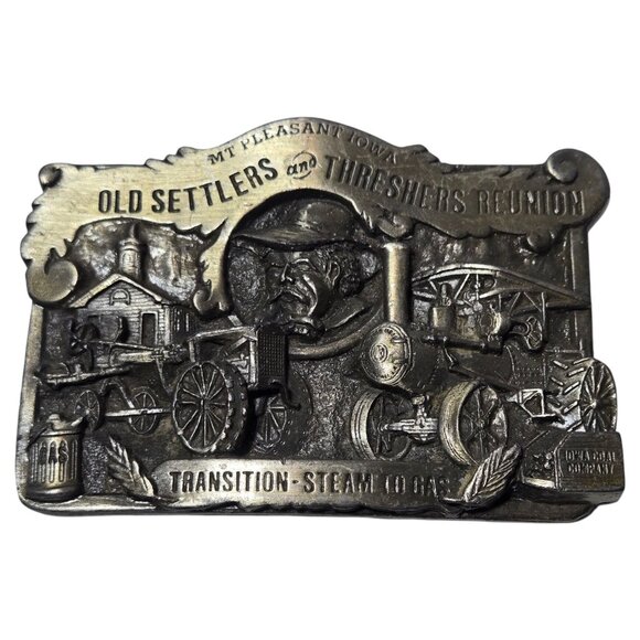 Mt Pleasant Iowa  Belt Buckle Old Settlers and Threshers Reunion 1982 Distressed - Picture 1 of 14